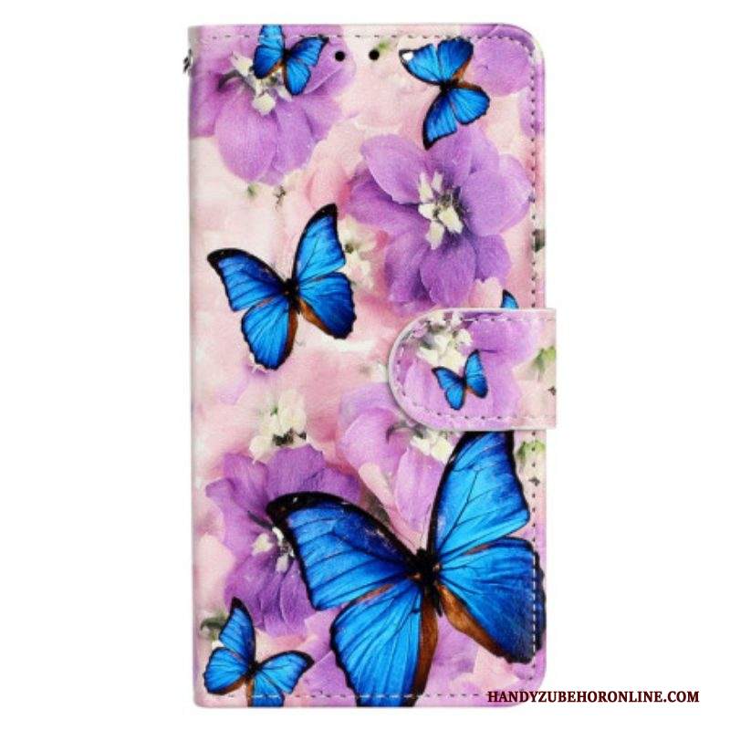 Custodia in pelle iPhone 15 Piccole Farfalle Blu Con Cinturino