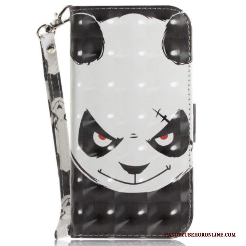 Custodia in pelle iPhone 15 Plus Panda Arrabbiato Con Cinturino