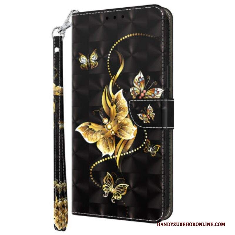 Custodia in pelle iPhone 15 Pro Farfalle Dorate Con Cinturino