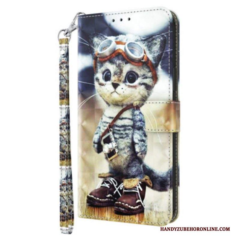 Custodia in pelle iPhone 15 Pro Max Gatto Aviatore Con Cinturino