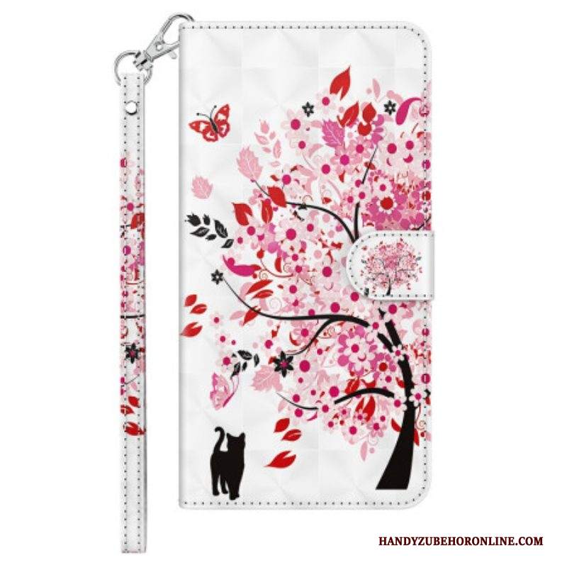 Custodia in pelle iPhone 15 Pro Max Gatto Sotto L'albero Rosso 3d Con Cinturino