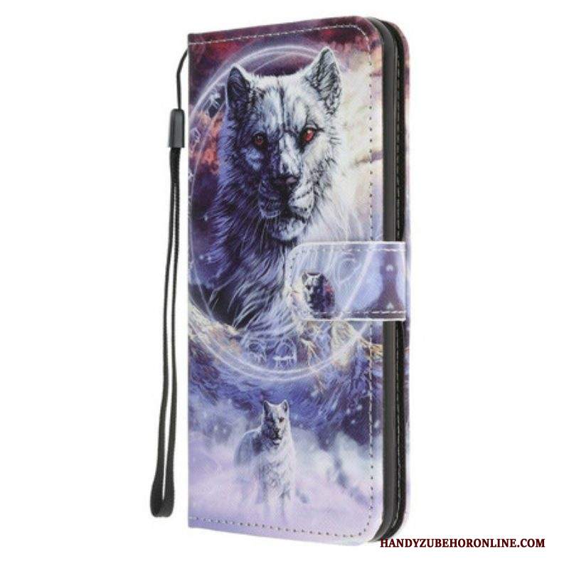 Folio Cover Samsung Galaxy A52 4G / A52 5G / A52s 5G Lupo In Inverno Con Cordino