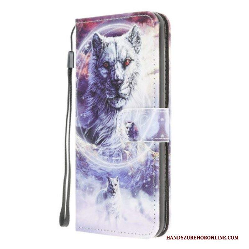 Folio Cover Samsung Galaxy M12 / A12 Lupo In Inverno Con Cordino