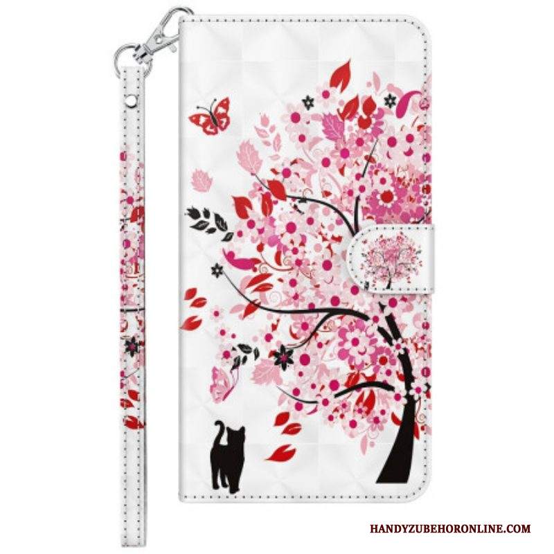 Folio Cover Samsung Galaxy M13 Gatto Sotto L'albero Con Cordino
