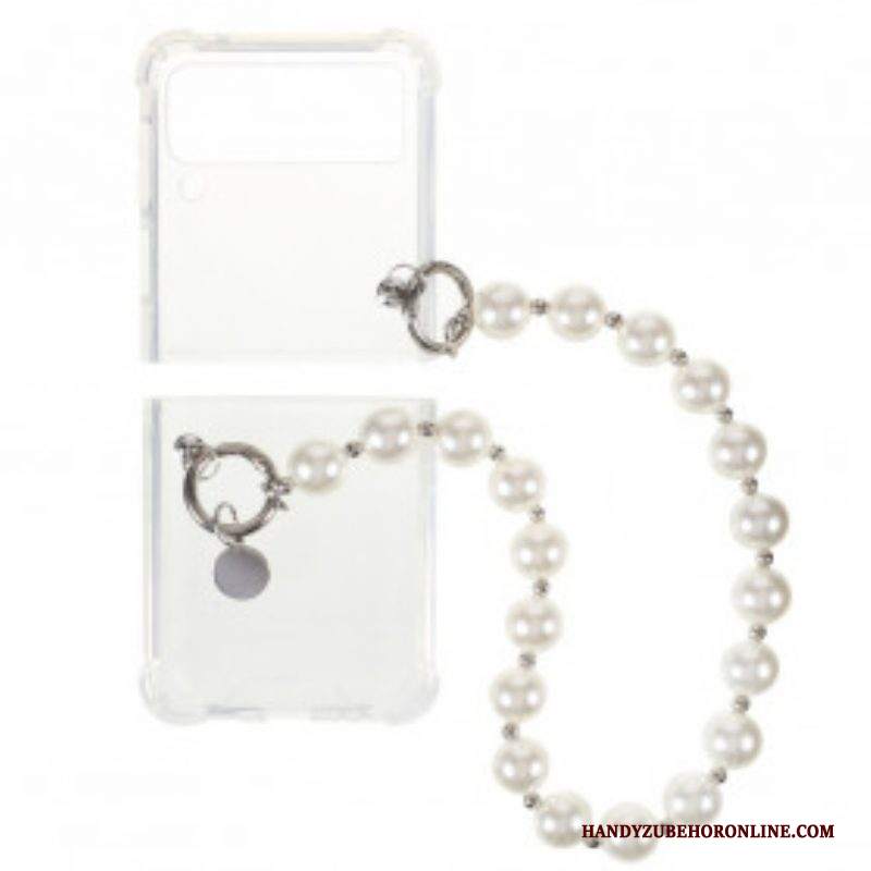 Folio Cover Samsung Galaxy Z Flip 3 5G Custodia in pelle Bracciale In Silicone Perline